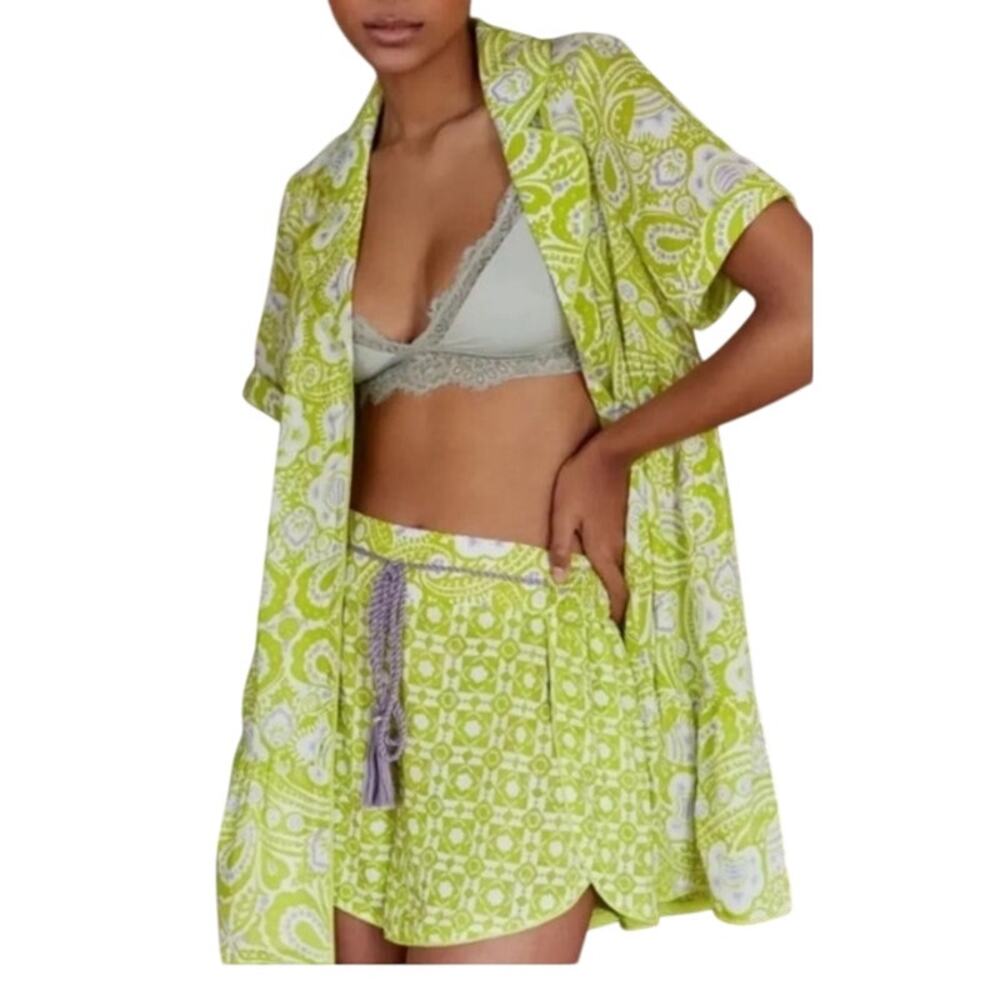 Anthropologie Lime Green Paisley Pajama Set